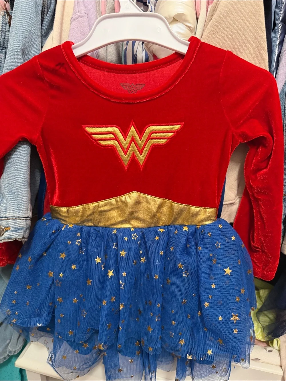 Girls' Red & Blue Superhero Dress with Gold Accents